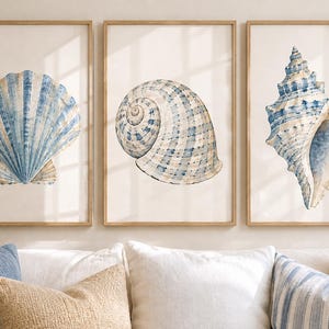 Peut inclure: Un ensemble de trois cadres muraux présentant des illustrations à l'aquarelle de coquillages. Chaque impression montre un coquillage unique dans des tons de bleu et de crème sur un fond neutre, encadré dans du bois clair.