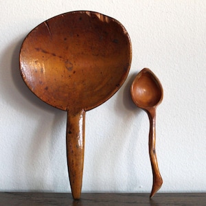 Antique Primitive 19th Century Hand Carved Wooden Butter Paddle and Spoon