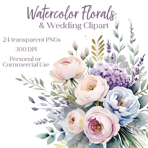 Aquarell Blumen und Hochzeit Clipart, Frühling Clipart, Pastell Blumen Clipart, 24 transparente Png Bilder, kommerzielle Nutzung