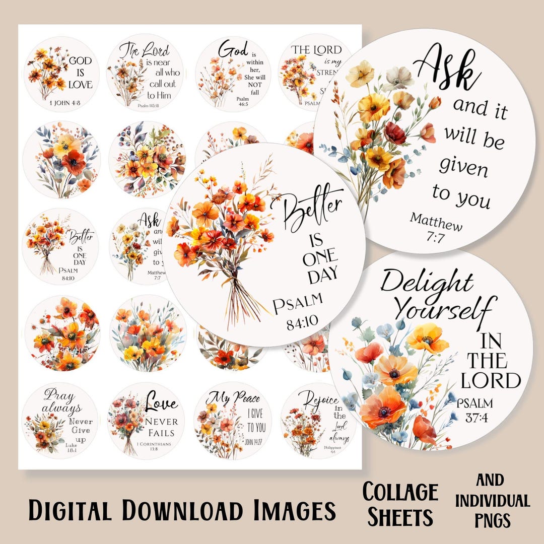 Autumn Floral Bible Verse Circles, Printable Collage Sheet (digital ...