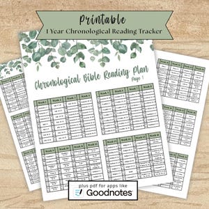 Op de afbeelding: Printbare 1-jaars chronologische Bijbellees tracker. Het ontwerp heeft een groene banner met tekst en eucalyptusbladeren. Het leesplan is per week georganiseerd, met boek- en hoofdstukverwijzingen. Inclusief een Goodnotes PDF.
