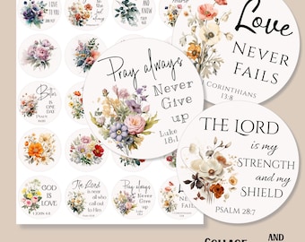 Può includere: Un set di 12 adesivi circolari floreali digitali stampabili con citazioni ispiratrici e versetti biblici. Gli adesivi presentano fiori ad acquerello in tonalità di rosa, blu e verde. Le citazioni includono "L'amore non fallisce mai", "Prega sempre, non arrenderti mai", "Il Signore è la mia forza e il mio scudo", e altro ancora.