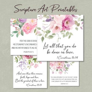 Floral Christian Art Prints, Scripture Art Set (Digital Download), Square Printables, Pink Florals
