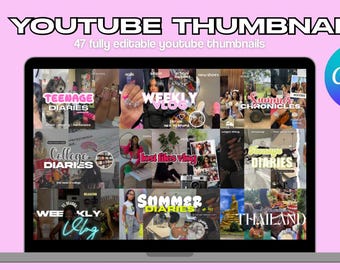 47 youtube thumbnails template | YouTube graphics | Canva template | Canva | youtube branding cute youtube |thumbnails bundle