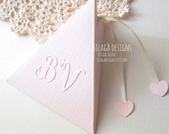 Baby pink triangular favor box for wedding | Custom hand crafted box for birthday | Gift box with embossed paper | Italy