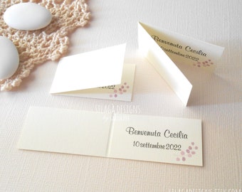 Wedding favor tags customizable with name date and pink eucalyptus | Small gift tags handmade in Italy | Ivory hang tags for first Communion