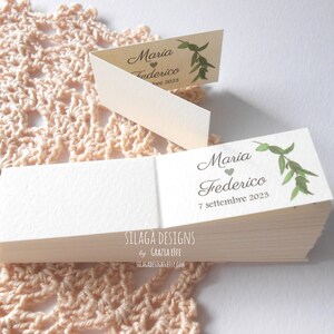 Kaarten met olijftak klantgericht met naam en datum | Kaarten 2,5 x 4,5 cm voor confetti en trouwbedankjes | Italië