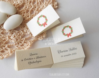 Graduation favor cards with laurel wreath, red flowers and bow | Customizable cards for master's degrees | Italy