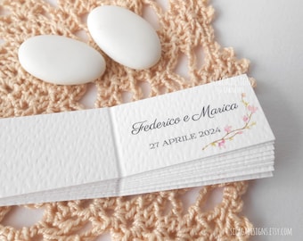 Cards for wedding favors with almond branch customizable with names and date | Tag 2.5 x 4.5 cm with pink flowers for wedding | Italy