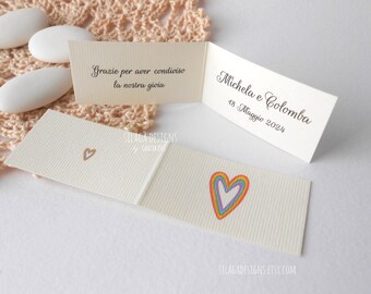 LGBTQ+ cards with rainbow hearts customizable with names, date and phrase | Cards for gay, lesbian, queer wedding favors | Italy