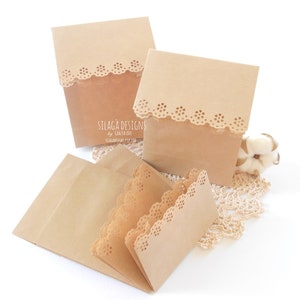 Ręcznie robione torebki prezentowe z brzegami z efektem koronki, składane, z papieru typu kraft, z podstawą | Torebki na upominki z falbanką, 8,8 x 12 x 4,4 cm
