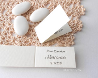 Communion cards for wedding favors with name and date | Elegant handcrafted cards 2.5x4.5 cm for confetti for boys and girls | Communion tag