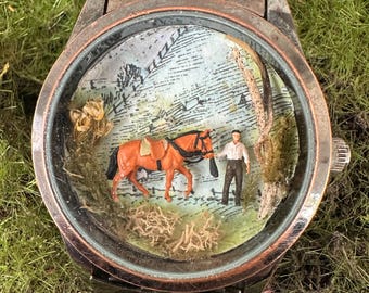 Tiny World Terrarium Watch with Horse | OOAK Handcrafted Miniature Art | Upcycled Vintage Jewelry