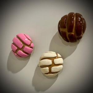 May include: Three concha pastries, a traditional Mexican sweet bread, are displayed. One is pink, another is white, and the third is brown. Each has a textured, shell-like pattern on top, with a contrasting color for the pattern.