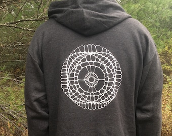Cymatic Symbol Zip Hoodie – Sacred Geometry Back Print, Sound Resonance Hoodie, Minimalist Unisex Zip Up