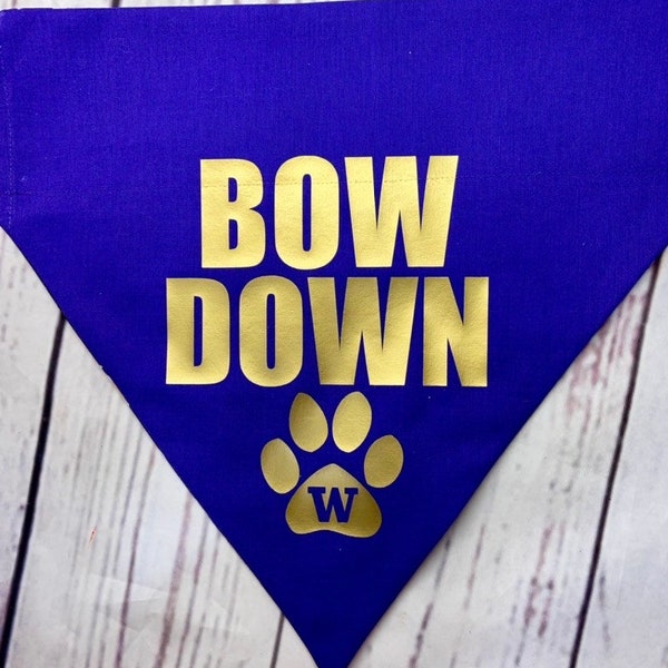 Huskies BOW DOWN dog bandana// University of Washington UW// over the collar custom reversible pet scarf