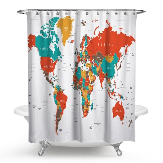 Colorful World Map Traveler Fabric Shower Curtain Set For Etsy