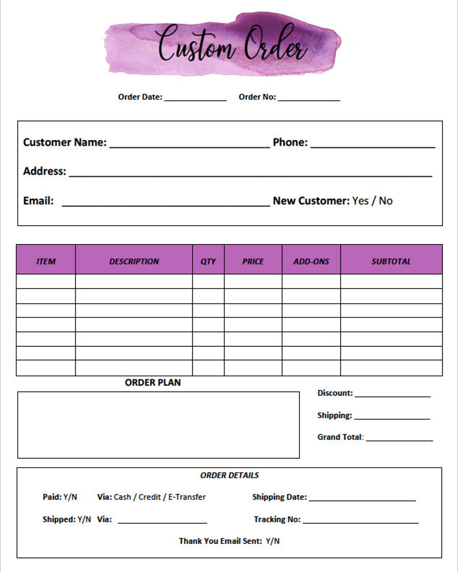 Custom Order Form Printable Template Small Business Etsy