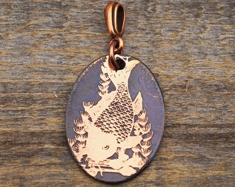 Copper koi fish pendant, oval shape, flat etched metal jewelry, 30mm