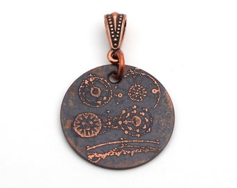 Universe pendant, small round flat etched cosmos jewelry, 25mm