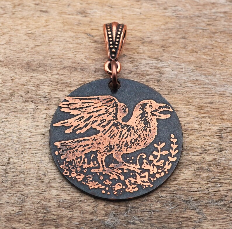 Etched copper crow pendant round flat copper etched jewelry Etsy