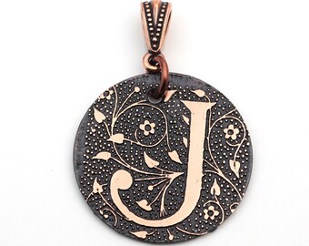 Letter J pendant, round flat copper metal, 28mm