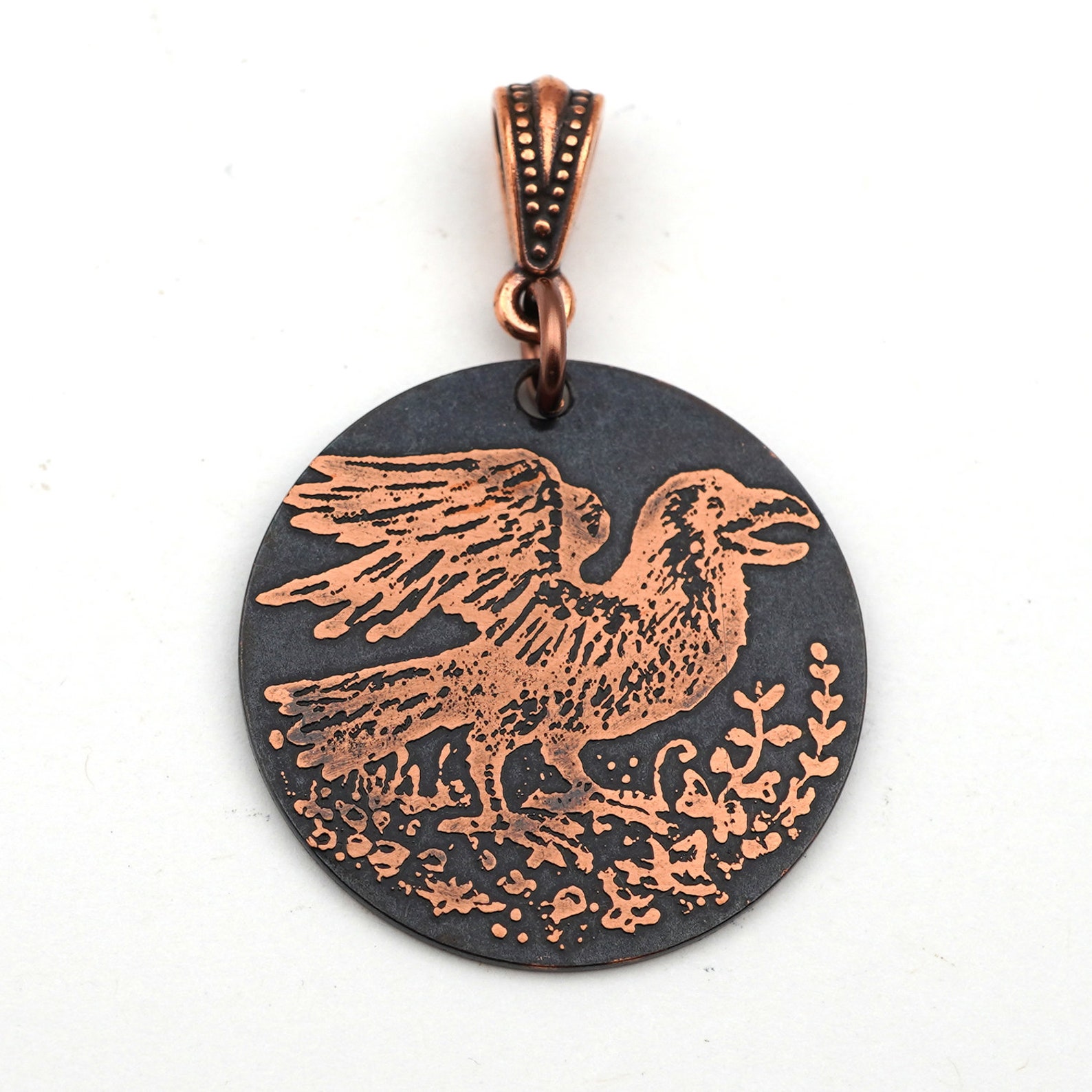 Etched copper crow pendant round flat copper etched jewelry Etsy