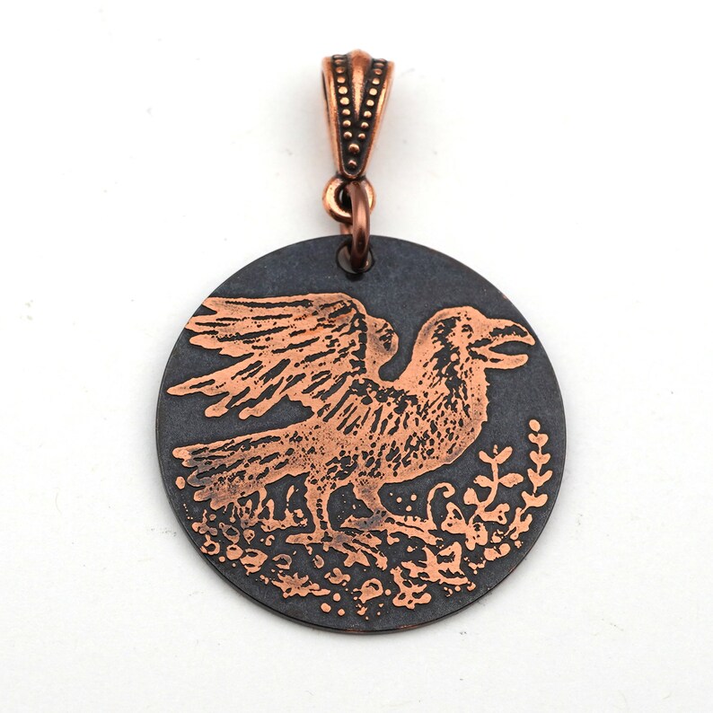 Etched copper crow pendant round flat copper etched jewelry Etsy