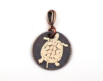 Etched turtle pendant, small round flat antiqued copper jewelry, 22mm