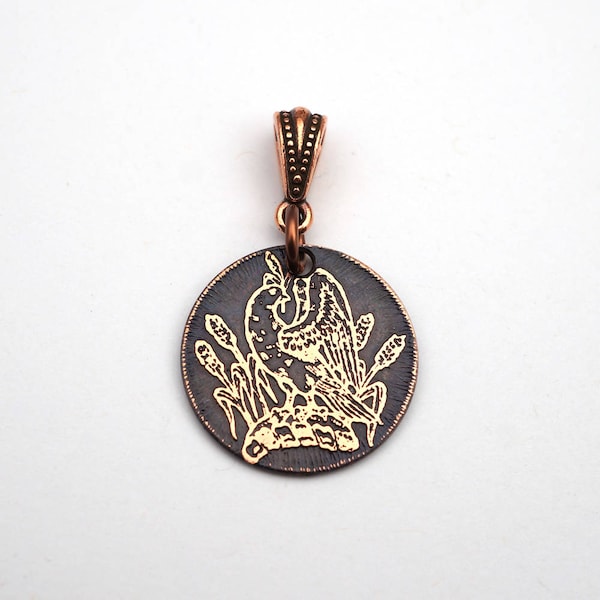 Dove with wheat family crest pendant, round etched copper bird jewelry, coat of arms, heraldry 22mm