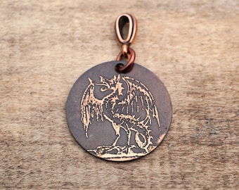 Dragon pendant, small round flat etched heraldry jewelry, 25mm