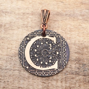 Letter C pendant, round flat antiqued metal monogram jewelry, 28mm