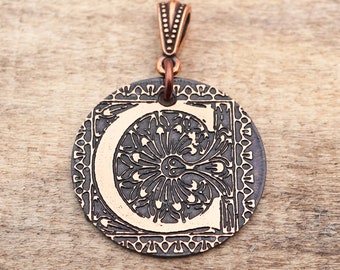 Letter C pendant, round flat antiqued metal monogram jewelry, 28mm