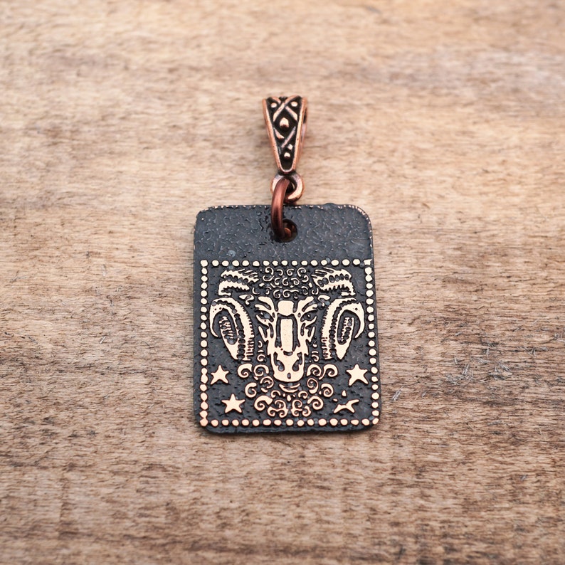 Aries pendant, small flat rectangular etched copper Zodiac horoscope ram, 25mm image 2