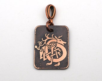 Celtic stag pendant, small rectangular flat copper jewelry, etched metal, 25mm