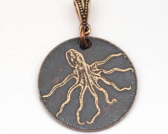 Octopus pendant, round flat etched copper jewelry, sea creature, 28mm