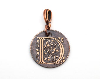 Small letter D pendant, round etched copper initial jewelry, 22mm