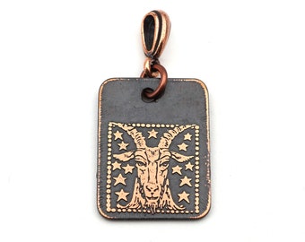 Capricorn pendant, small flat rectangular etched copper Zodiac horoscope goat, 25mm