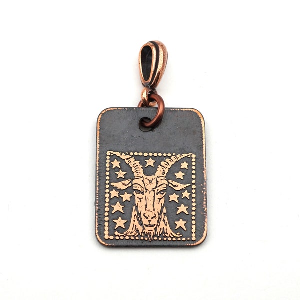 Capricorn pendant, small flat rectangular etched copper Zodiac horoscope goat, 25mm