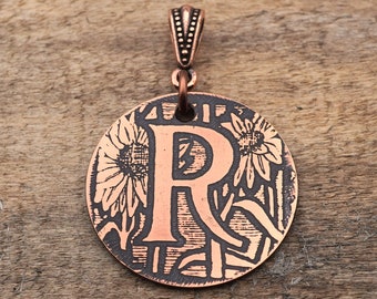 Copper R pendant, round flat antiqued metal monogram jewelry, 28mm
