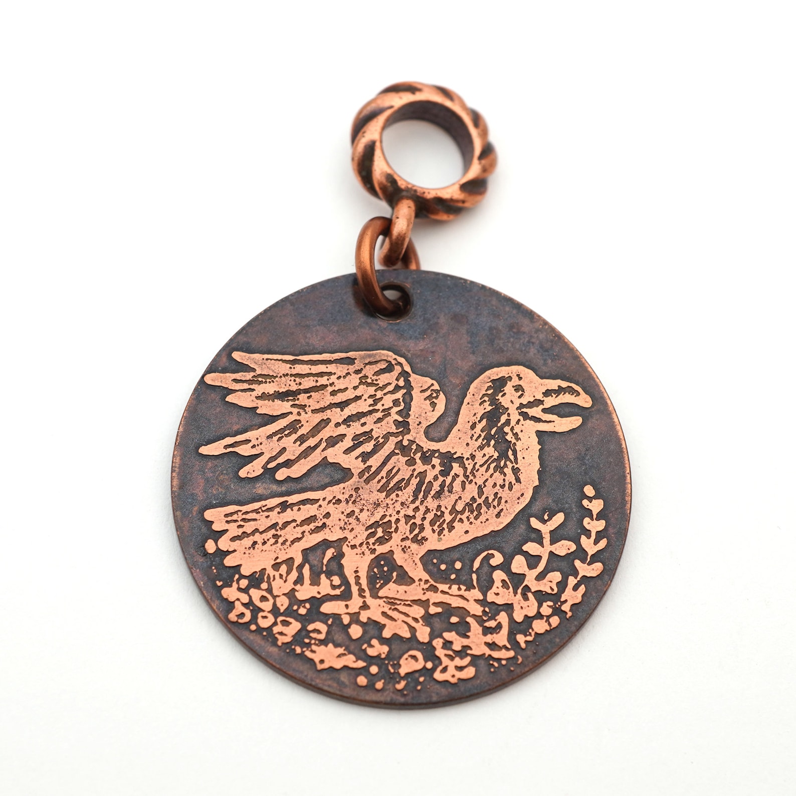 Etched Copper Crow Pendant Round Flat Copper Etched Jewelry Etsy