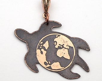 Copper world turtle pendant, earth on the back of a tortoise, mythic jewelry 47mm