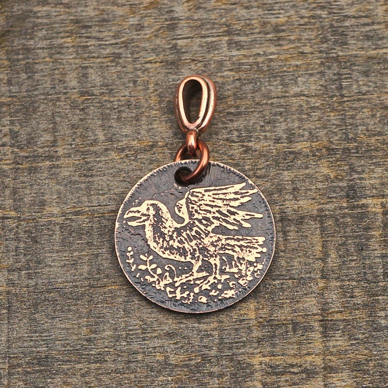Small copper crow pendant round etched raven jewelry 22mm Etsy