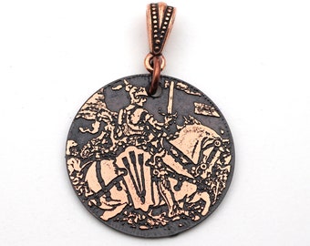 Knight on horseback with three arrow shield and sword pendant, bookplate jewelry, etched copper, 28mm