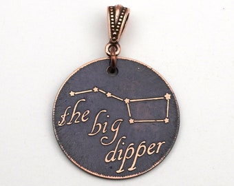 Copper Big Dipper pendant, round flat etched metal constellation jewelry, 28mm