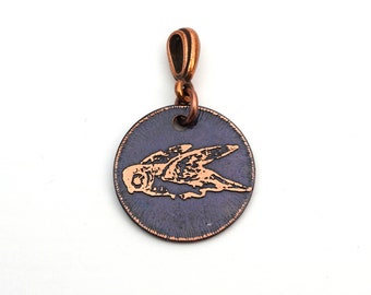 Small copper owl in flight pendant, round etched flying bird jewelry, 22mm