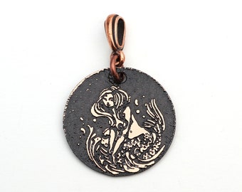 Etched copper mermaid pendant, small round flat jewelry, Cynthia Thornton artwork, 25mm