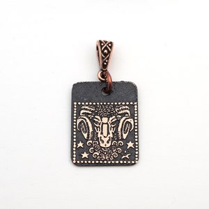 Aries pendant, small flat rectangular etched copper Zodiac horoscope ram, 25mm image 1