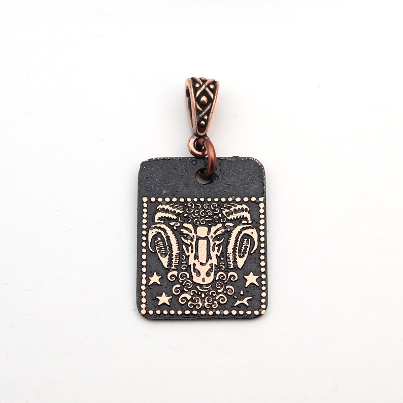 Aries pendant, small flat rectangular etched copper Zodiac horoscope ram, 25mm image 1