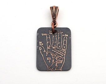Copper palmistry pendant, small flat rectangular etched metal palm reading lines, 25mm